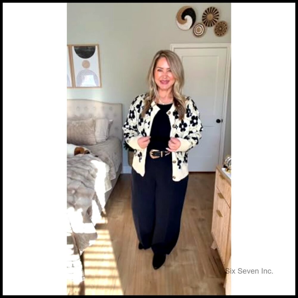 Floral Cardigan Sweater Long Sleeve Open Front Button Down Retro Knit Coat - Picture 2 of 7